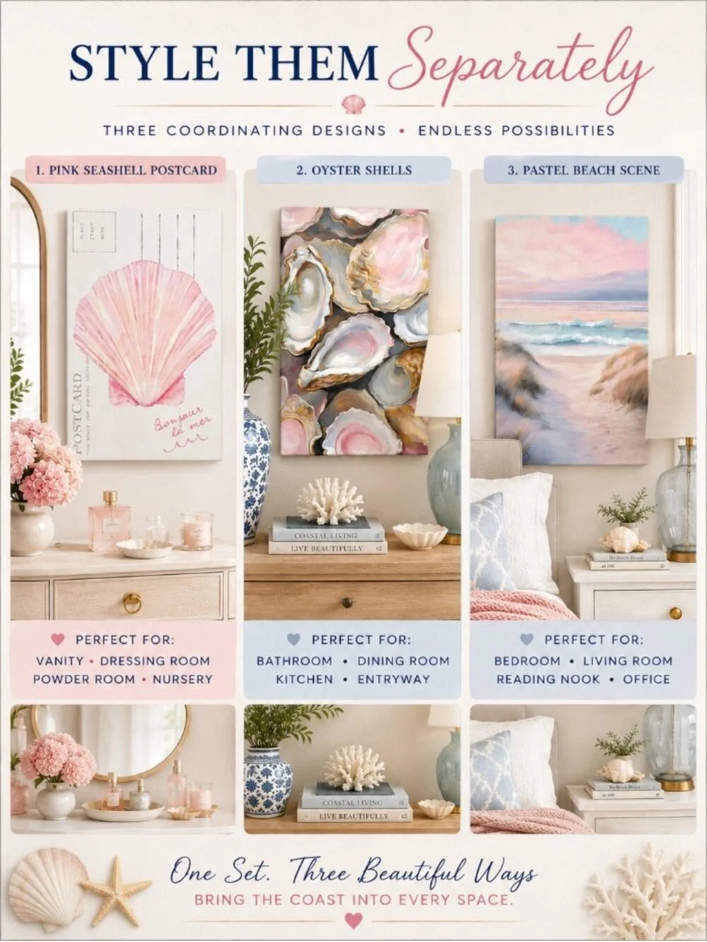 Set of 3 • Coastal Wall Art Canvas Prints Pink Seashell Oyster Beach • NEW